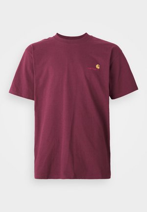 Burgundy cotton t-shirt with short sleeves and a rounded neckline. Features a gold embroidered logo on the chest. Plain design.