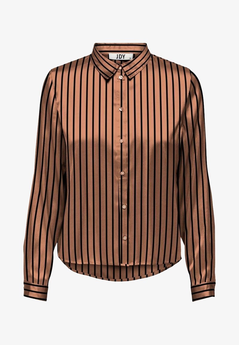 Chemise à manches longues boutonnée en tissu marron brillant avec des rayures noires verticales et un col pointu.