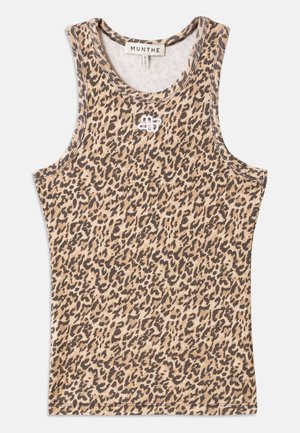 Bežinis ir rudas leopardų rašto tankinis, pagamintas iš grižtinės medžiagos, su apvaliu kaklu ir subtiliu išsiuvinėtu logotipu priekyje.