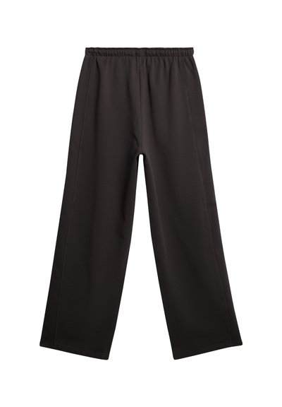 Pantalons de survêtement noirs en tissu doux avec une taille élastique, présentant une coupe ample et un design à jambes droites.