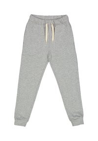 Grijze sweatpants van zacht materiaal, met een elastische tailleband met trekkoord en ribgebreide boorden bij de enkels.
