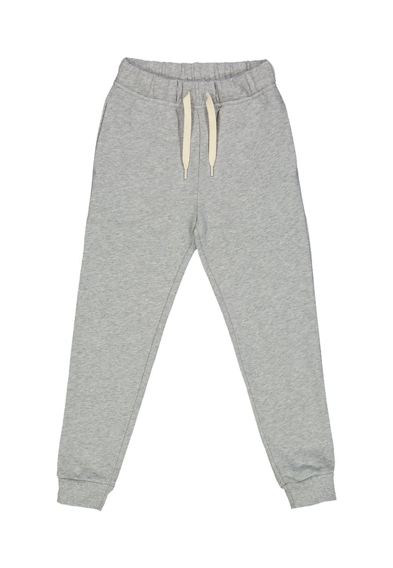 Grijze sweatpants van zacht materiaal, met een elastische tailleband met trekkoord en ribgebreide boorden bij de enkels.