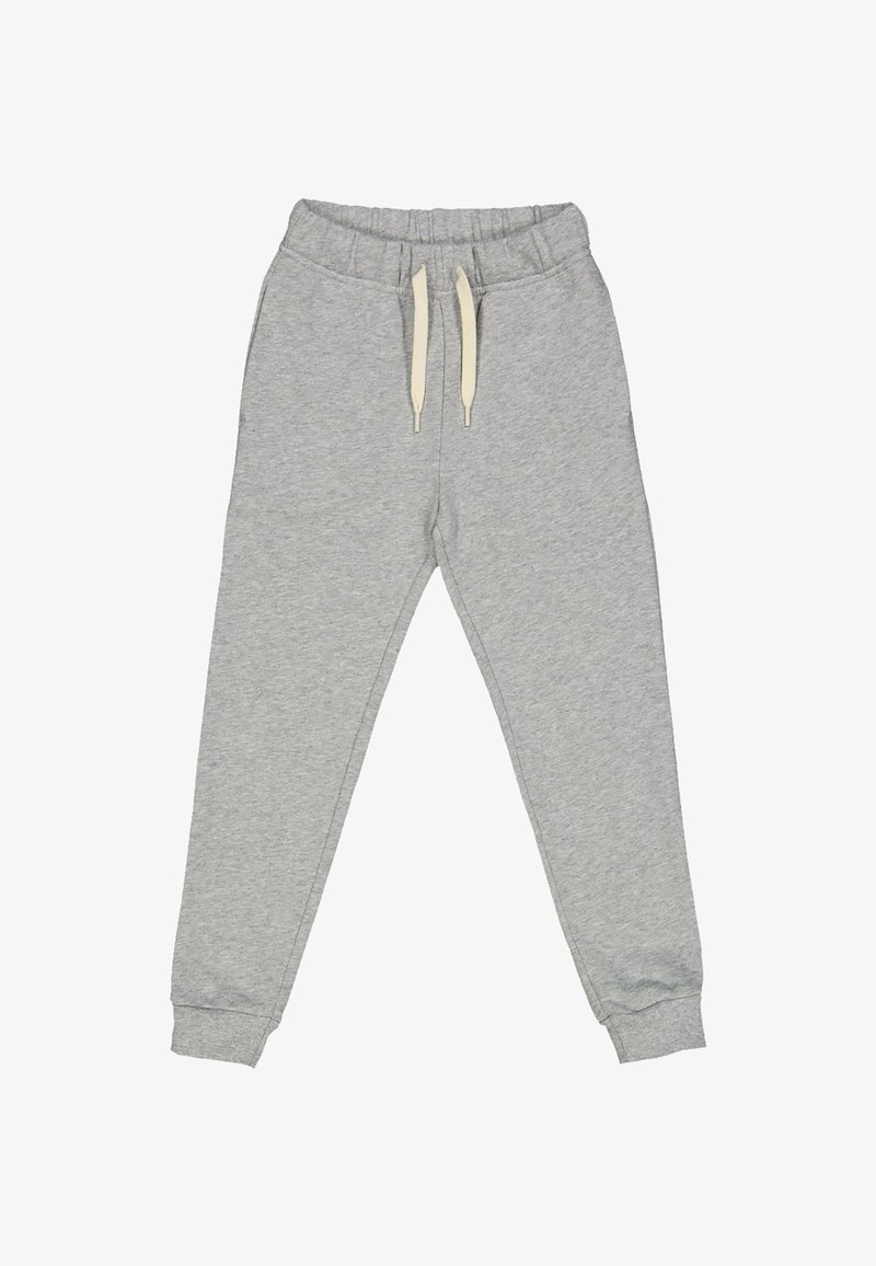 Grijze sweatpants van zacht materiaal, met een elastische tailleband met trekkoord en ribgebreide boorden bij de enkels.