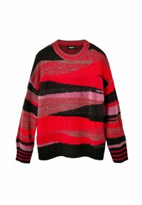 Pull coloré avec des rayures horizontales rouges, noires et roses, en tissu doux et texturé, avec un col et des poignets côtelés.