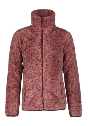 Fuzzy, high-collared jacket in dusty rose with a zip front, long sleeves, and two side pockets; soft texture, no visible patterns.