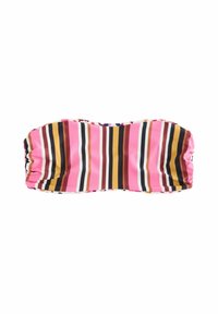 Paski bikini bandeau w kolorze różowym, brązowym i kremowym, z poziomymi liniami o różnej szerokości i zebranym teksturem na krawędziach.