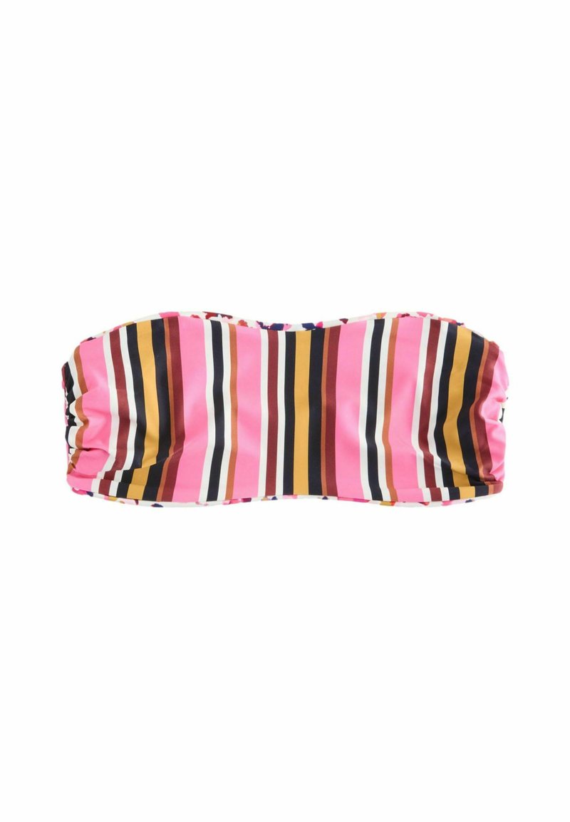 Paski bikini bandeau w kolorze różowym, brązowym i kremowym, z poziomymi liniami o różnej szerokości i zebranym teksturem na krawędziach.