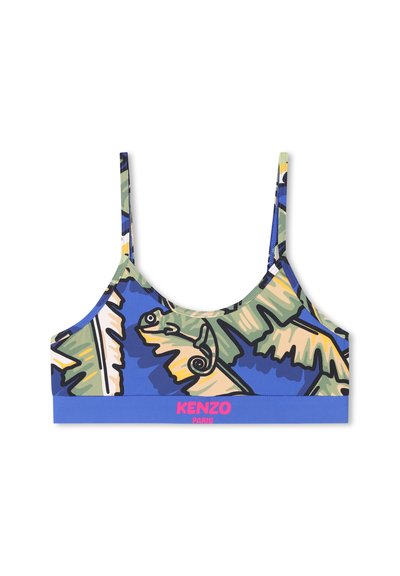 Bralette coloré de Kenzo avec une base bleue ornée de motifs de feuillage verts et jaunes, un design de caméléon, et une bande logo rose.