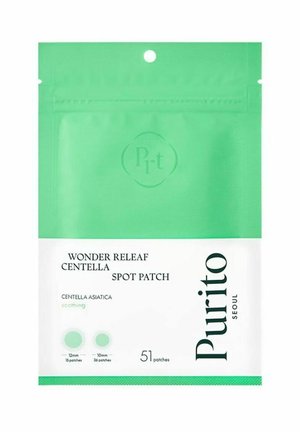 Grün-weiße Tüte von Purito Wonder Releaf Centella Spot-Patches mit 51 beruhigenden Pflastern in den Größen 12 mm und 10 mm.