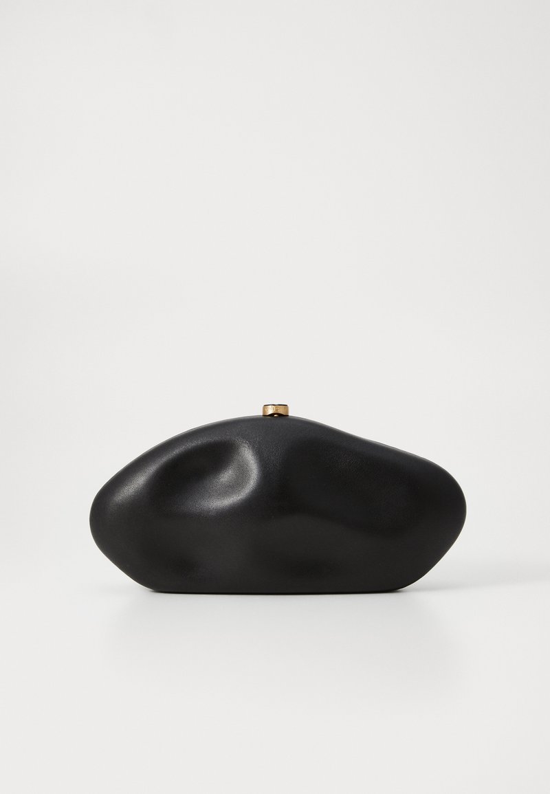 Black clutch bag with an organic shape, smooth surface, and a gold clasp detail. The design features subtle, rounded contours and a matte finish.