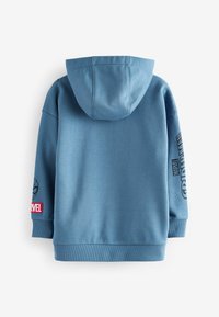 Blue hoodie featuring a kangaroo pocket, ribbed cuffs, and hem. Left arm displays "MARVEL" logo and Spider-Man graphic in black.