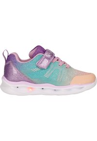 Letvægts atletisk sko i teal, lavendel og pink nuancer. Har en mesh-overdel, justerbar rem og lys fra sålens lys.