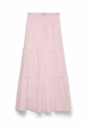 Jupe midi rose clair à volants avec taille élastique et détails subtils de fronces le long des coutures.