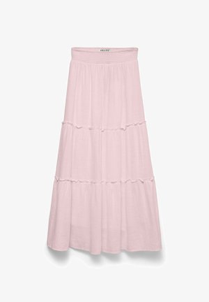 Jupe midi rose clair à volants avec taille élastique et détails subtils de fronces le long des coutures.