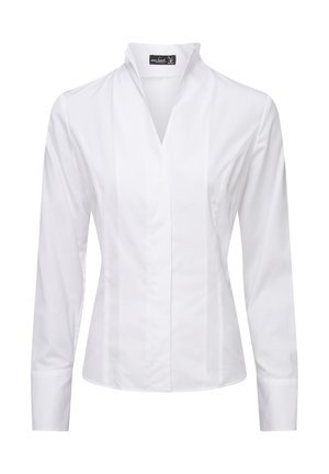 Weiße Bluse mit langen Ärmeln und Stehkragen, die ein elegantes Design und glattes Baumwollmaterial aufweist. Vertikale Nähte sorgen für dezente Details.