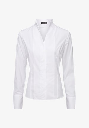 Weiße Bluse mit langen Ärmeln und Stehkragen, die ein elegantes Design und glattes Baumwollmaterial aufweist. Vertikale Nähte sorgen für dezente Details.