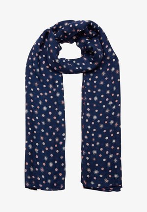 Écharpe bleu marine avec des pois roses et blancs et des motifs rayons de soleil, tissu léger, pliée de manière lâche.