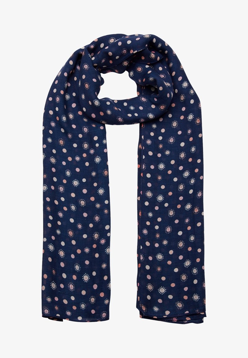 Écharpe bleu marine avec des pois roses et blancs et des motifs rayons de soleil, tissu léger, pliée de manière lâche.