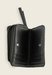 Portafoglio in pelle nera con chiusura a zip, dotato di due ampi scomparti e diversi slot per carte su ciascun lato.