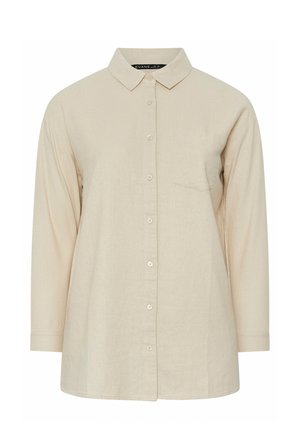 Chemise beige à manches longues avec col et poche poitrine, présentant une coupe décontractée et un design simple.