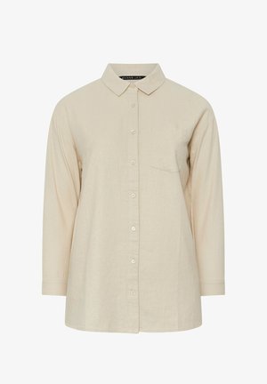 Beige Hemd mit langen Ärmeln, Knopfleiste, Kragen und Brusttasche, mit lockerem Schnitt und schlichtem Design.