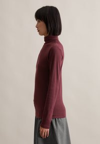 Burgundy turtleneck sweater in a fitted design, made of soft material, paired with a gray pleated skirt, shown from the side.