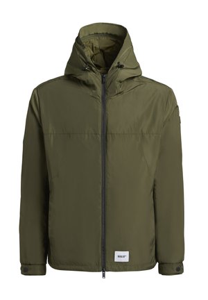 Olivgrüne gepolsterte Jacke mit Reißverschluss vorne, verstellbarem Kapuzen und elastischen Bündchen. Verfügt über ein Markenlabel auf der unteren Vorderseite.