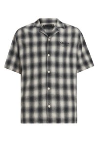 Chemise à manches courtes à carreaux noirs et blancs, avec un devant boutonné. Présente une coupe décontractée, une texture douce et un logo de la marque sur la poitrine.
