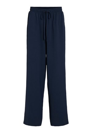 Tumesinised, lahtise lõikega püksid elastse vöökoha ja paelaga, sirge säär, vabaaja stiil, nähtamatud taskud.