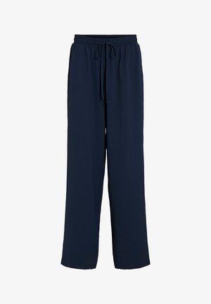 Tumesinised, lahtise lõikega püksid elastse vöökoha ja paelaga, sirge säär, vabaaja stiil, nähtamatud taskud.