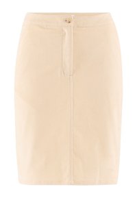 Jupe en velours côtelé beige, longueur genou, avec une coupe droite, fermeture à boutons sur le devant et de subtiles rayures verticales pour la texture.