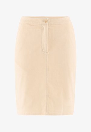 Beige Kordröcke in knie-langer Länge mit geradem Schnitt, frontaler Knopfverschluss und subtilen vertikalen Streifen für die Textur.
