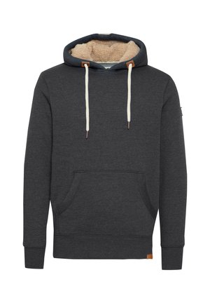 Tamsiai pilkas sukapotas švarkas su minkštu smėlio spalvos pūkeliu viduje, su raišteliais, priekinėmis kišenėmis ir rusvomis odinėmis detalėmis ant apykaklės ir kapu.