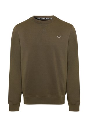Sudadera verde oliva con cuello redondo, puños y dobladillo acanalados, pequeño logo blanco bordado en el pecho izquierdo y detalle reforzado en el cuello.