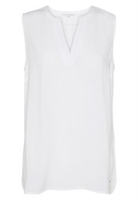 Sleeveless white blouse with a V-neckline and relaxed fit, made from lightweight fabric, displayed on a plain background.