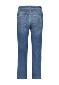 Modré džíny rovného střihu z pohledu zezadu, se dvěma zadními kapsami a detaily žlutého prošívání.