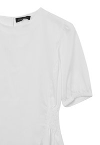 Blusa bianca con scollatura rotonda, maniche corte a sbuffo e dettagli arricciati sui lati. Realizzata in tessuto leggero con una texture liscia.