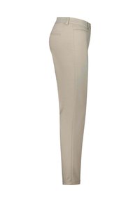 Pantaloni beige slim-fit realizzati in tessuto morbido, con un design aderente, tasche posteriori e gamba dritta.