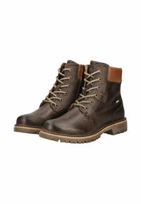 Brown leather boots with a padded tan collar, metal eyelets, and a rugged sole. Features stitched accents and a side logo detail.