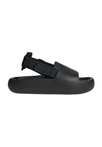 Black sandal with a smooth rubber upper and open toe design. Features an adjustable fabric Velcro strap for secure fit. Logo on side.