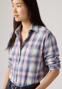  Lichtblauwe en roze geruite button-up shirt met lange mouwen, met een borstzak en Levi's logo label, gemaakt van zachte stof.