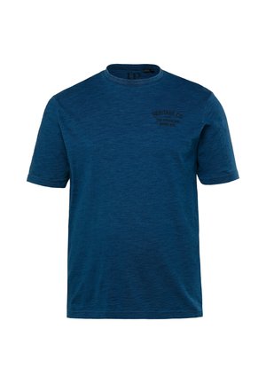 Blaues, kurzärmliges T-Shirt aus weichem, strukturiertem Stoff. Verfügt über einen Rundhalsausschnitt und ein kleines gedrucktes Logo auf der oberen linken Seite.
