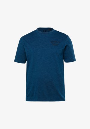 Blaues, kurzärmliges T-Shirt aus weichem, strukturiertem Stoff. Verfügt über einen Rundhalsausschnitt und ein kleines gedrucktes Logo auf der oberen linken Seite.