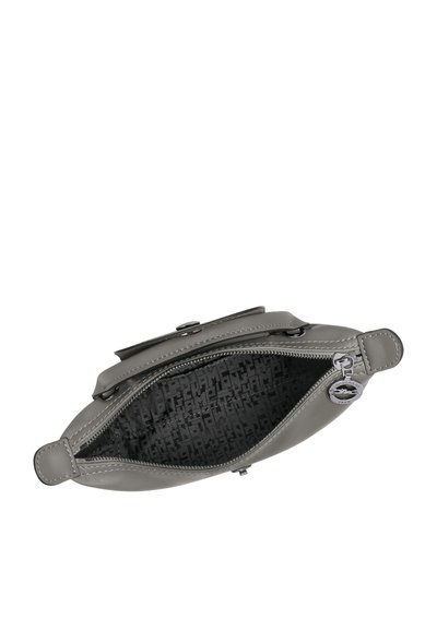 Gray leather handbag with a zip closure, featuring a patterned black interior lining and a smooth exterior finish.