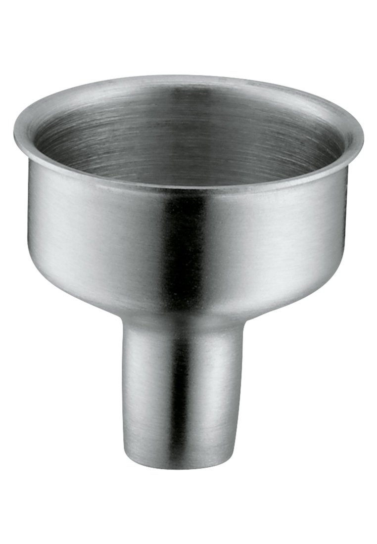 Funnel in acciaio inossidabile con una parte superiore larga e circolare e un beccuccio stretto; texture liscia e lucida; progettato per versare liquidi facilmente.