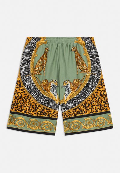 Shorts pour homme avec ceinture élastique, présentant des illustrations symétriques de tigre et de guépard, des bordures imprimées zèbre et léopard, ainsi que des motifs dorés ornés en arabesques.