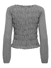 Bluza alb-negru cu mâneci lungi în carouri gingham, cu corp elastic smock, tiv cu volane și manșete strânse, privită din spate.