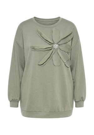 Lichtgroene sweatshirt met lange mouwen en ronde hals, voorzien van een grote stoffen bloemenapplicatie met een juweelachtige middenstuk aan de voorkant.