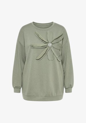 Felpa verde chiaro a maniche lunghe con scollo rotondo e grande dettaglio floreale in tessuto con centro gioiello sul davanti.