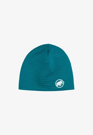 Bonnet teal fabriqué en tissu flexible ; présente une texture côtelée et un logo de mammouth à l'intérieur d'un cercle en blanc.